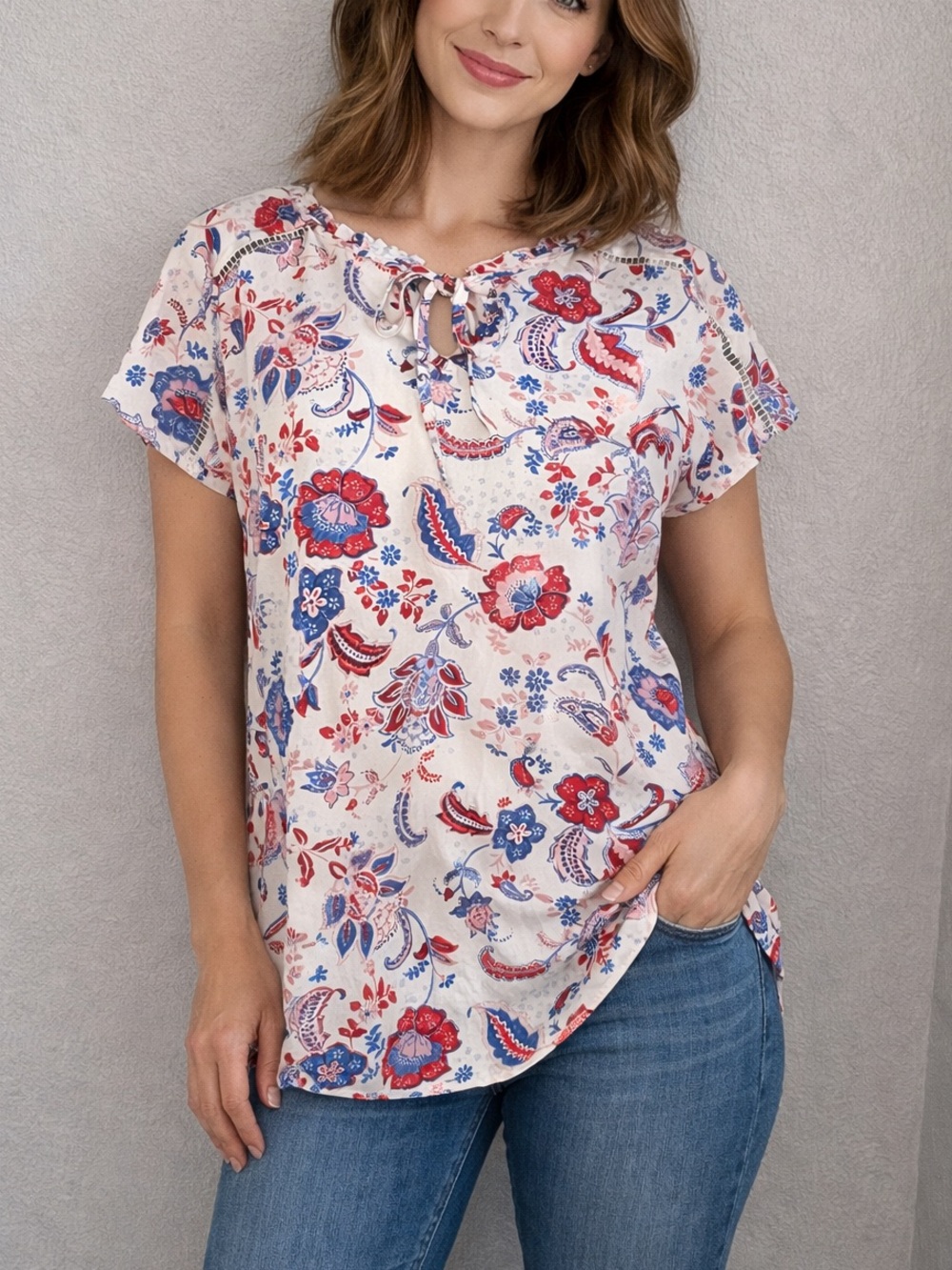Zac & Rachel Floral Paisley Blouse Short Sleeve Boho Peasant Top Lightweight L